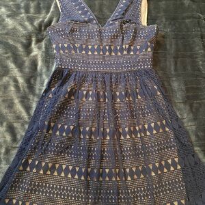 Navy and Tan Geometric Pattern Dress